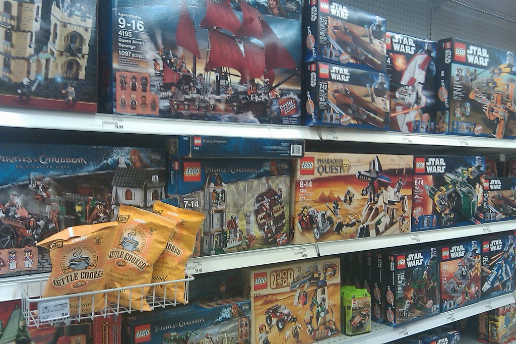 Lego aisle with three small bags of chips for .89 cents.